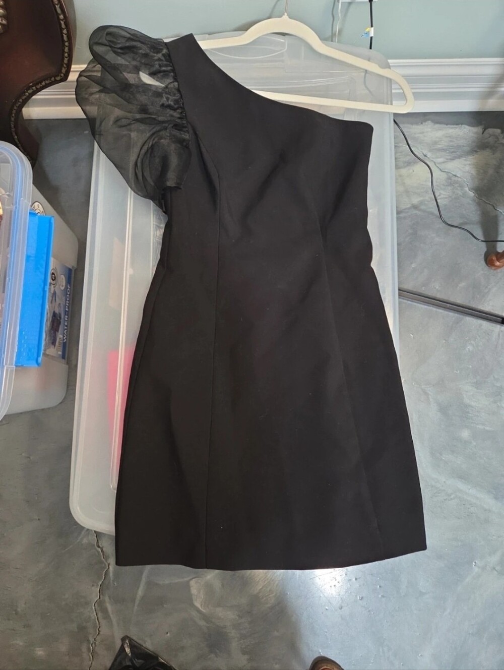 Likley One-Shoulder Black Cocktail Dress with Sheer Puff Sleeve